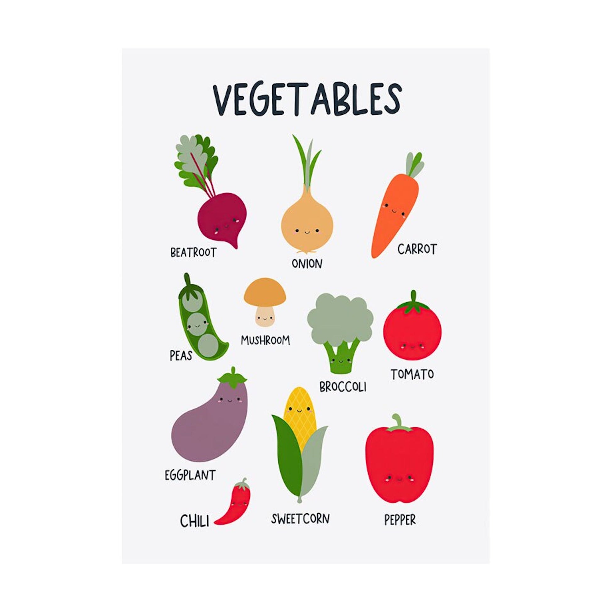 Buntes Poster von justgoodmood mit fröhlichen Illustrationen von verschiedenen Gemüsearten zur Förderung des Lernens im Kinderzimmer. Titel: Poster Kinder Schule lernen Alphabet Kontinente Formen Zahlen Richtungen Gemüse und Früchte als Deko Print ohne Rahmen.
