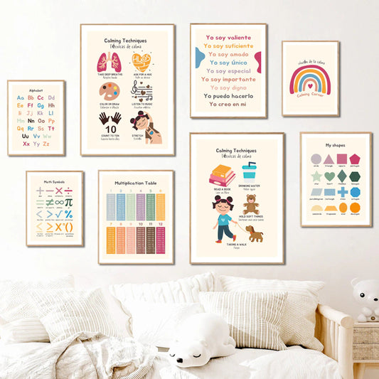 Wunderschönes Poster von justgoodmood mit Mathe Symbolen und beruhigenden Techniken, verzieren Sie Ihr Kinderzimmer mit kreativen Lernmotiven.