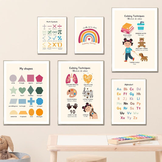 Inspirierendes Poster von justgoodmood, das Mathe-Symbole, die Formensprache und beruhigende Techniken zeigt - perfekt für eine kreative Lernumgebung für Kinder.