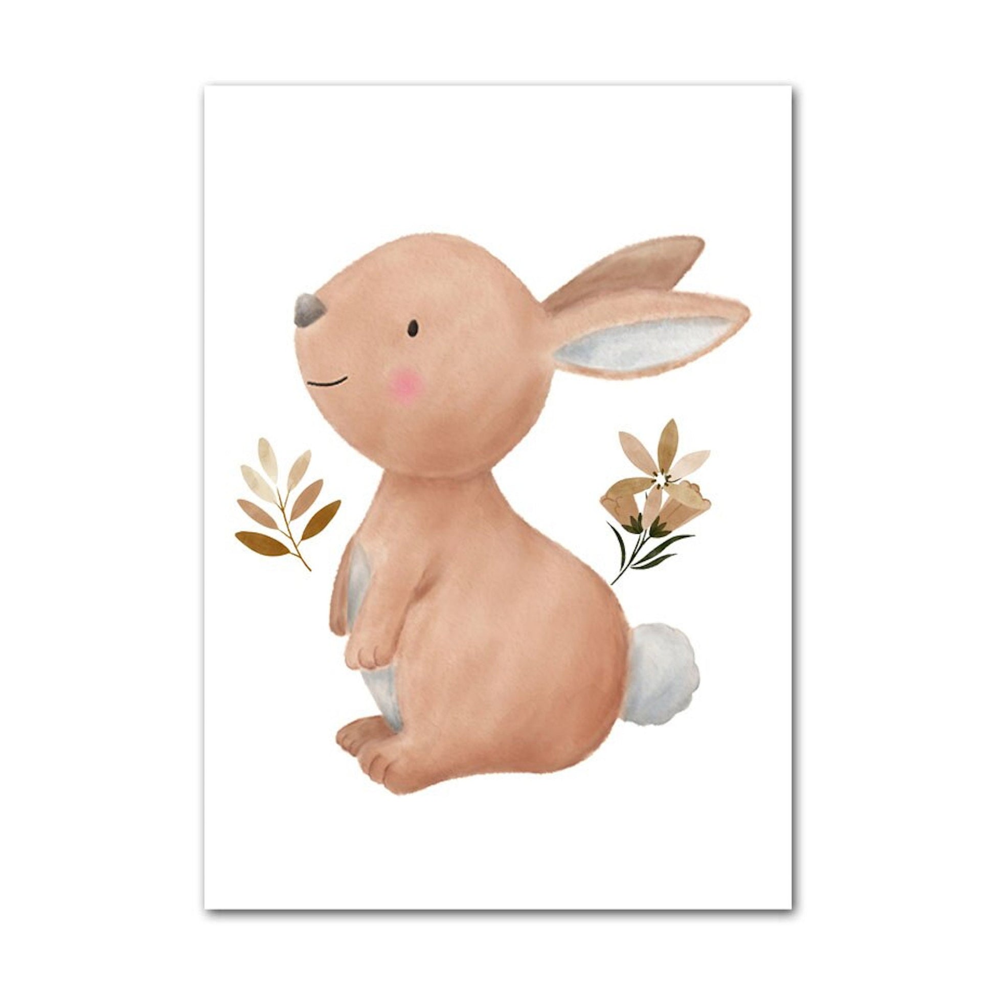 Niedlicher Hase mit Blumenillustration für Kinderzimmer Deko. Perfekt für kreative Wandgestaltung von justgoodmood mit dem Poster 'Kinder Tiere: Schmetterling, Fuchs, Eule, Blumen, Hase, Reh und Bär'.