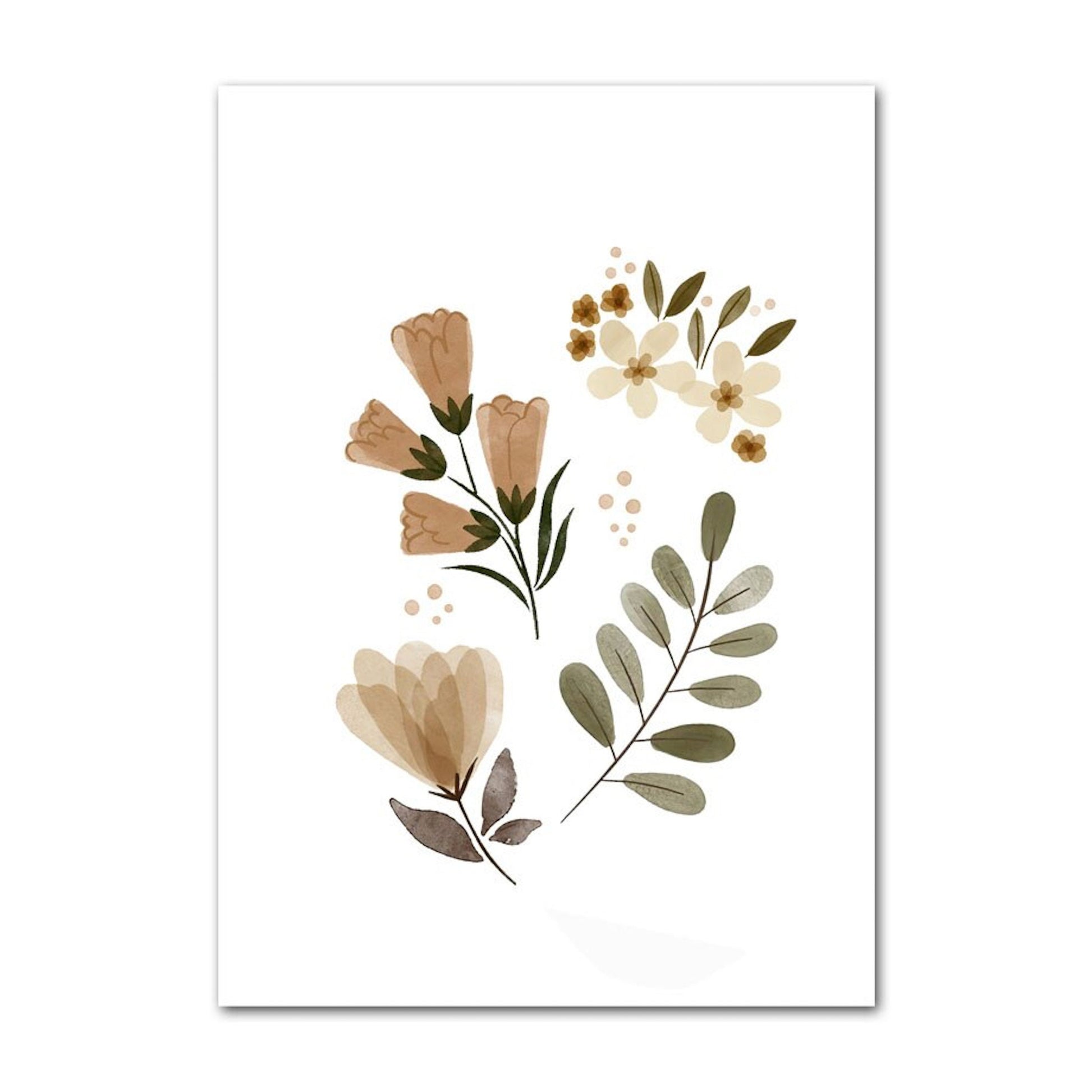 Schöne florale Illustration mit verschiedenen Blumen für Kinderzimmer Deko. Ideales Poster von justgoodmood mit dem Titel 'Kinder Tiere: Schmetterling, Fuchs, Eule, Blumen, Hase, Reh und Bär'.