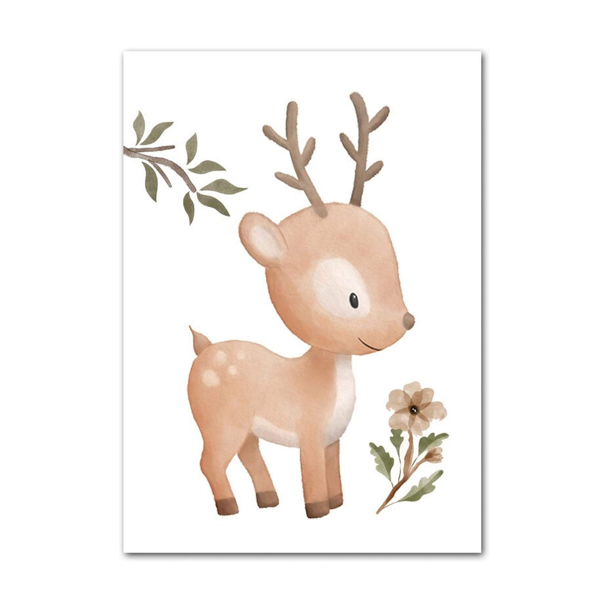 Lustiges Reh-Poster von JustGoodMood, Teil der Kinder Tiere Kollektion: Schmetterling, Fuchs, Eule, Hase, Reh und Bär, ideal für das Kinderzimmer.
