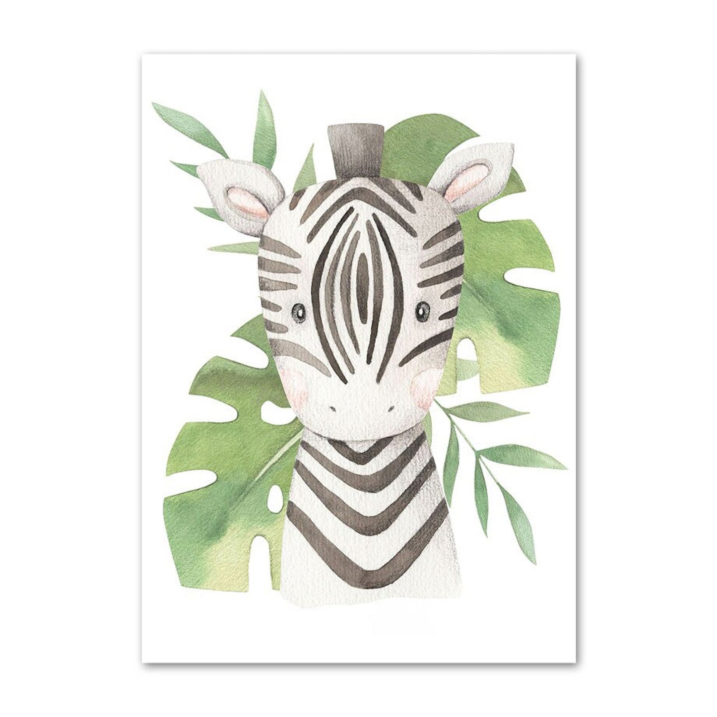 Poster Kinder süße Tiere mit Grünem Blatt Pandabär Giraffe Elefant Löwe Zebra Affe und Tiger als Deko Print ohne Rahmen