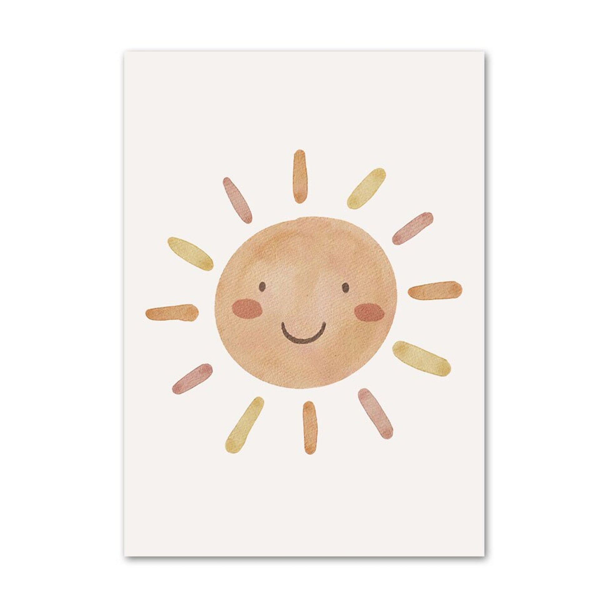 Fröhliches Poster "Baby Motive Sonne Liebe Wolke Rakete Regenbogen Erdbeere Träume und Traktor" von justgoodmood, das eine lächelnde Sonne zeigt, ideal für eine helle und freundliche Kinderzimmeratmosphäre.