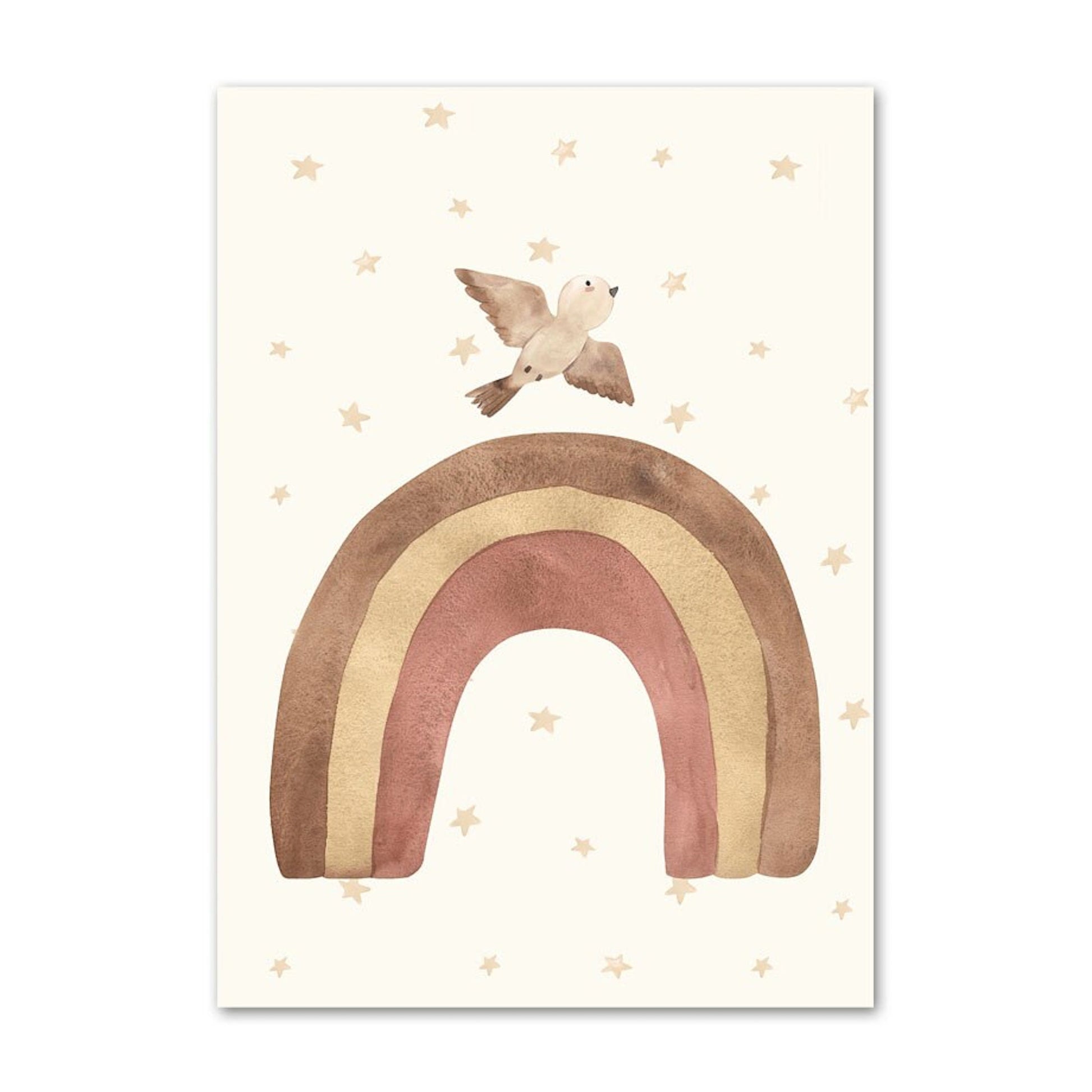Niedliches Poster von justgoodmood mit einem bunten Regenbogen und einem Vogel, der fröhlich darüber fliegt. Eine tolle Deko für das Kinderzimmer, die die Fantasie anregt.