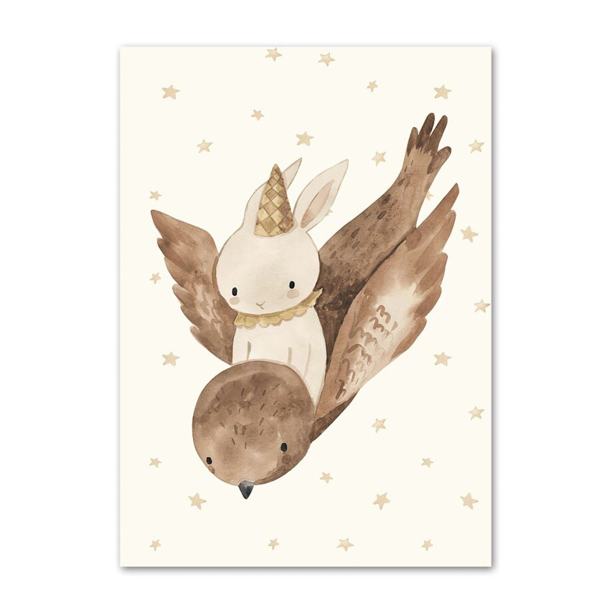 Farbenfrohes Poster von justgoodmood, das einen niedlichen Hasen und einen Vogel zeigt, die gemeinsam durch einen Sternenhimmel fliegen. Ein ideales Dekorationsbild für das Kinderzimmer.