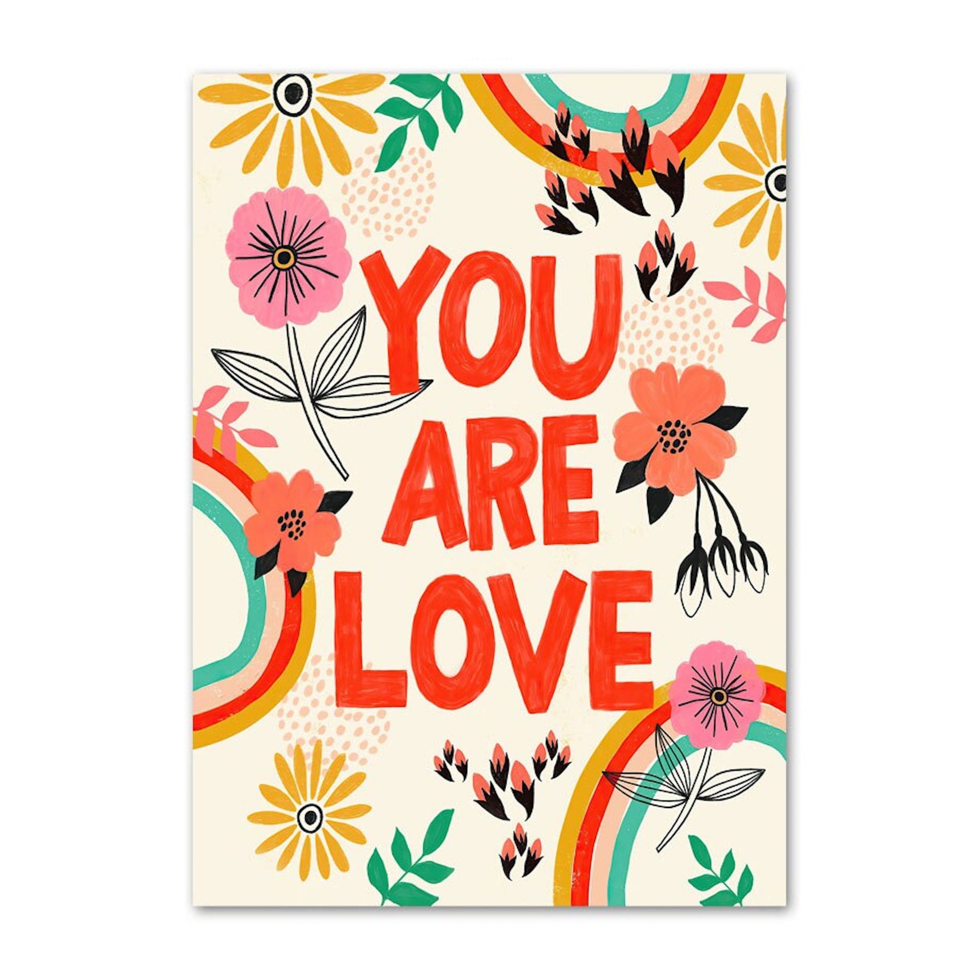 Fröhliches Poster von JustGoodMood mit dem Spruch 'YOU ARE LOVE' und bunten Blumen, perfekt für Kinderzimmer Deko. Poster Kinderzimmer Bilder Bunt und Fröhlich Schmetterlinge Sonne Taube Blumenkranz als Deko Print ohne Rahmen.
