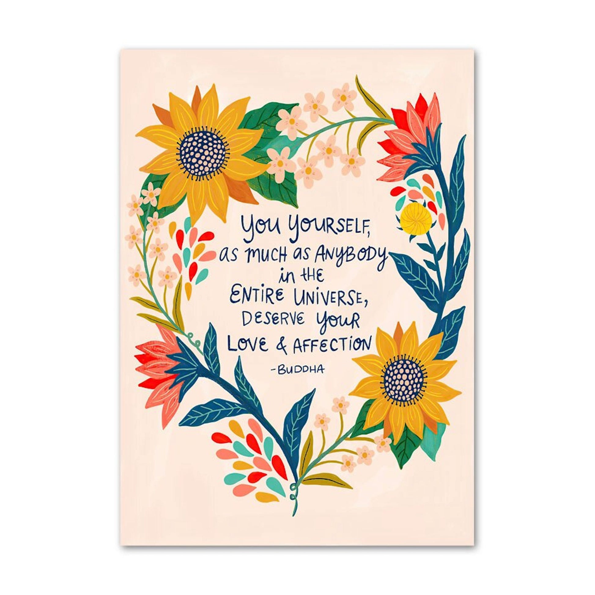 Kreatives Poster von JustGoodMood mit einem Zitat von Buddha und einer Blumengirlande, ideal für eine liebevolle Atmosphäre im Kinderzimmer. Poster Kinderzimmer Bilder Bunt und Fröhlich Schmetterlinge Sonne Taube Blumenkranz als Deko Print ohne Rahmen.