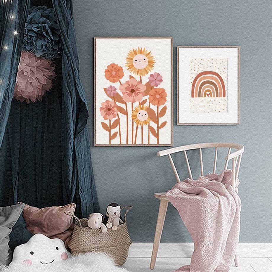 Poster Kinderzimmer Bilder Sonnenstrahlen Blumen Regenbogen und Regen Wolk als Deko Print ohne Rahmen