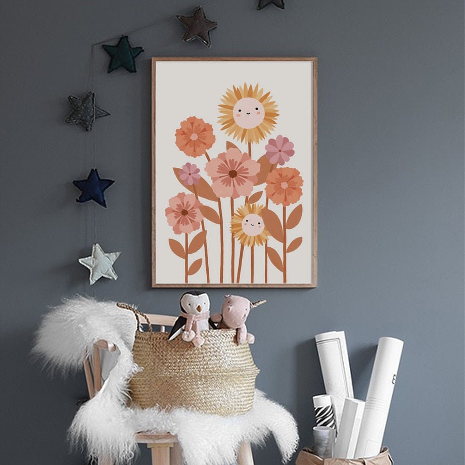 Poster Kinderzimmer Bilder Sonnenstrahlen Blumen Regenbogen und Regen Wolk als Deko Print ohne Rahmen