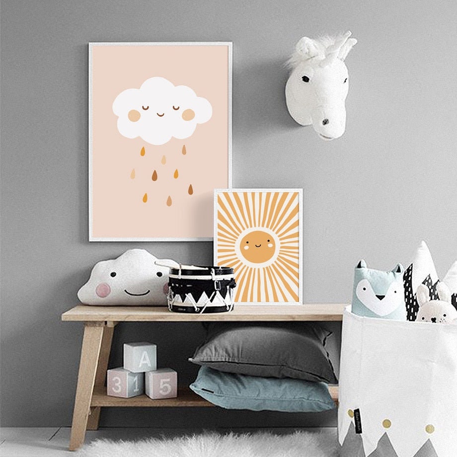 Poster Kinderzimmer Bilder Sonnenstrahlen Blumen Regenbogen und Regen Wolk als Deko Print ohne Rahmen