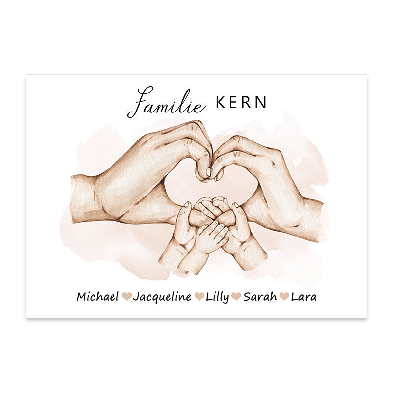 Personalisierte Familienposter von justgoodmood: Hände halten in Herzform mit Namen darunter, ideales Deko Print für Zuhause.