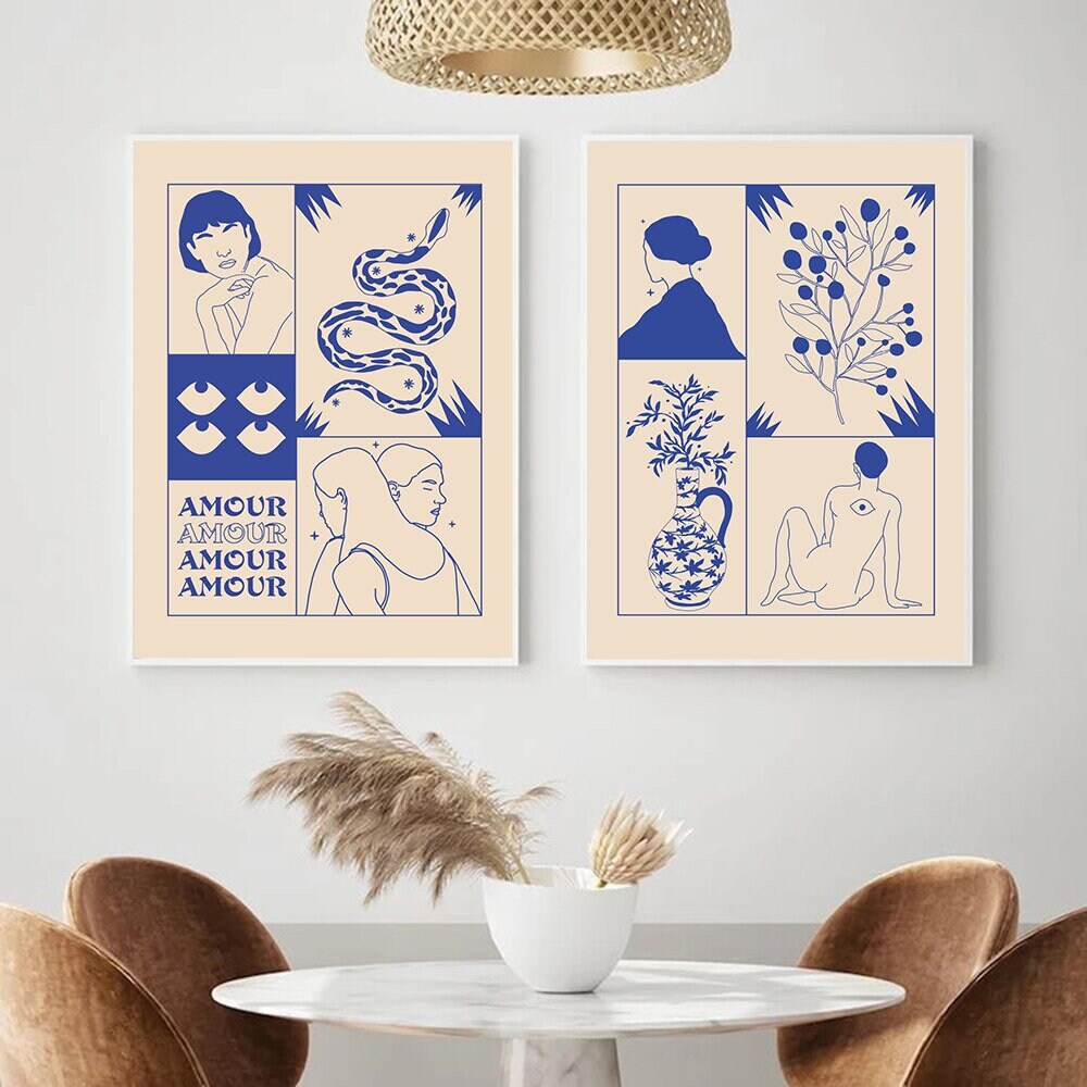 Poster Vintage Amour Wahrsagerin in Retro Stil Liebe macht Sie Blind in Blau als Deko Print ohne Rahmen