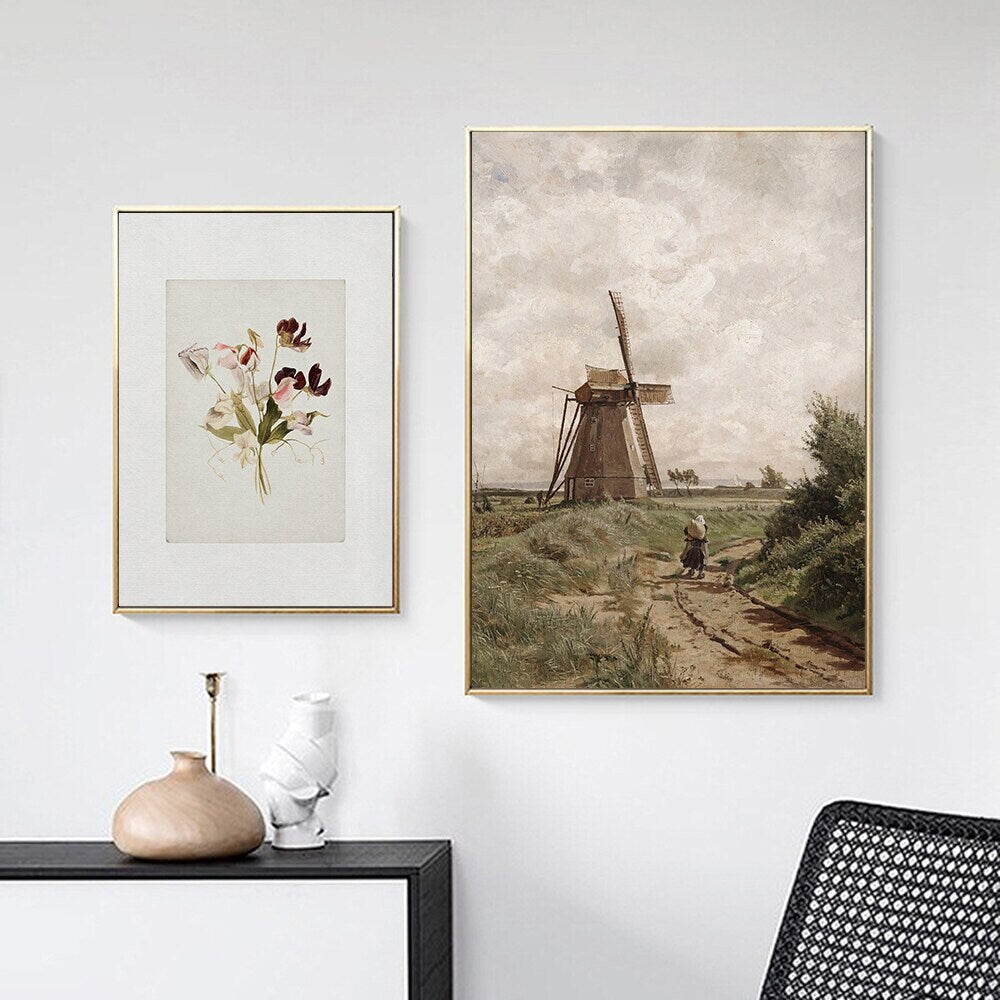 Poster Vintage Elegante Dame Meeres Küste und Windmühle als Deko Print ohne Rahmen