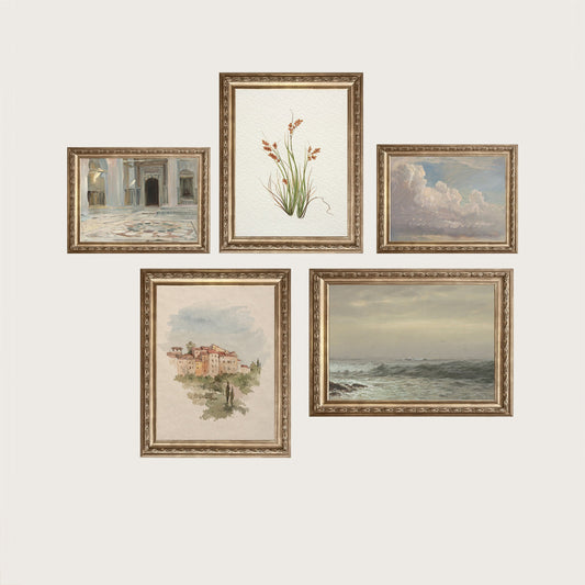 Framed wall art collection featuring a vibrant watercolor of marokkanischer Architektur und Meeresküste, designed by justgoodmood. Perfekte Deko für ein stilvolles Zuhause mit marokkanischem Flair.