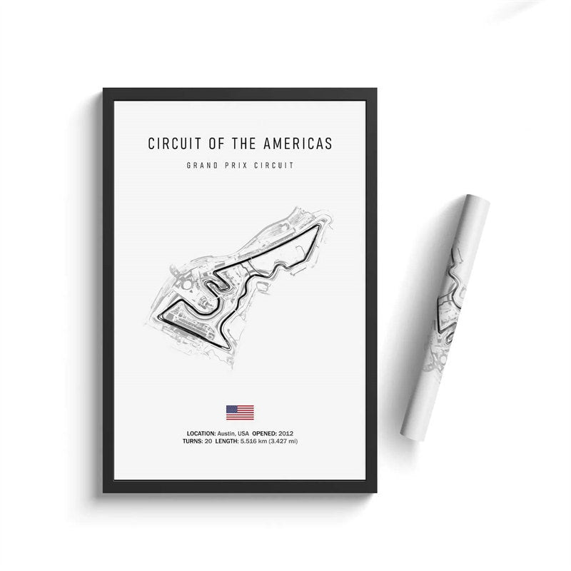 Deko-Print des Formel 1 Kalenders 2025 von justgoodmood, zeigt den Circuit of the Americas mit farbenfrohen Streckeninformationen.
