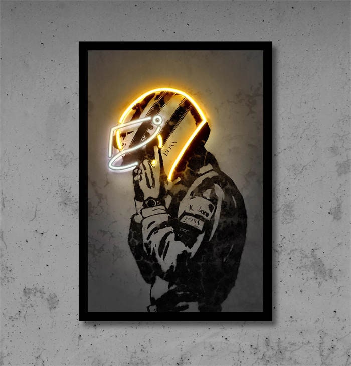 Stylisches Poster eines Formel 1 Rennfahrers mit leuchtendem Neonhelm von justgoodmood – ideal für jedes moderne Interieur.