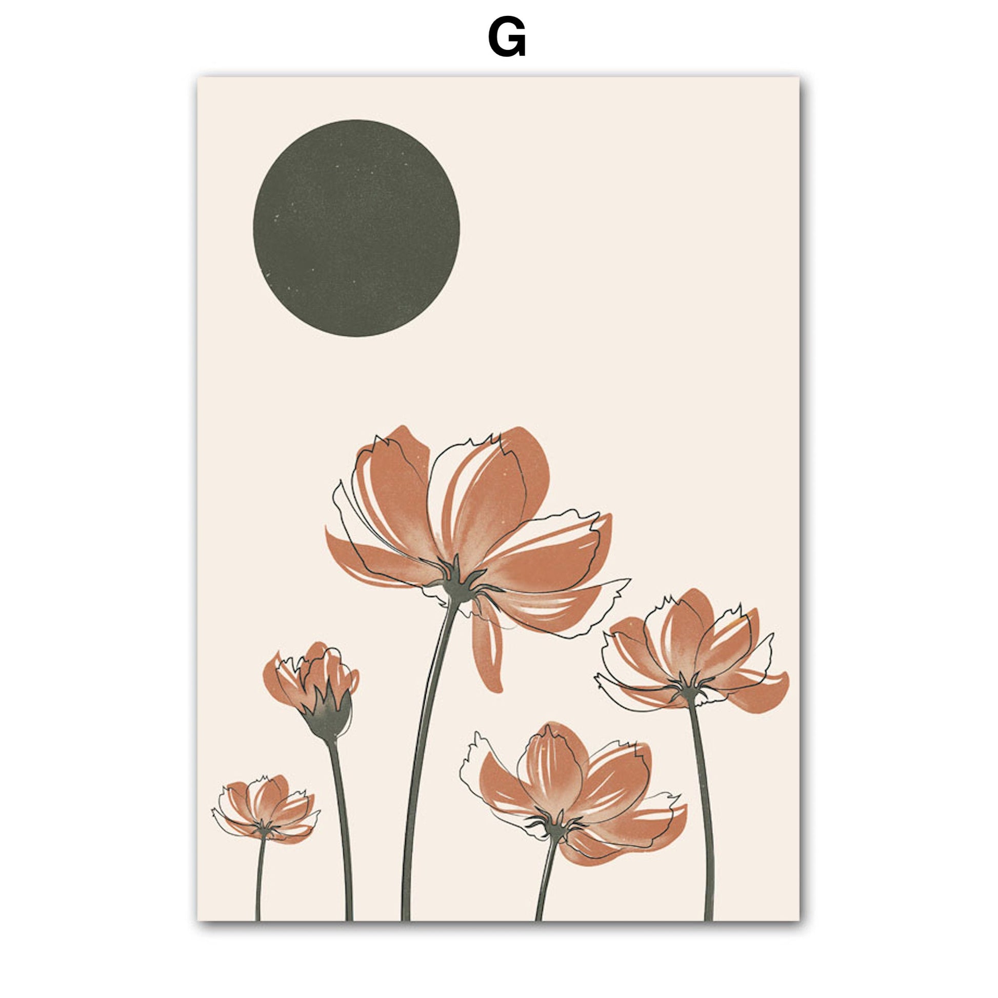 Boho Abstrakt Boho I Berge Sonne Poster von justgoodmood. Elegantes Design mit schönen Blumen und einem runden Element, ideal für jeden Raum.