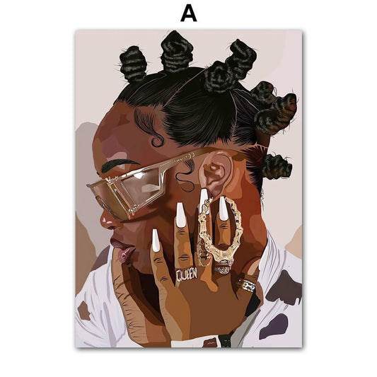 Hip Hop Schmuck Poster A von justgoodmood. Eine elegante Illustration mit einer Frau, die eine modische Sonnenbrille und auffälligen Schmuck trägt, ideal für jeden Raum.