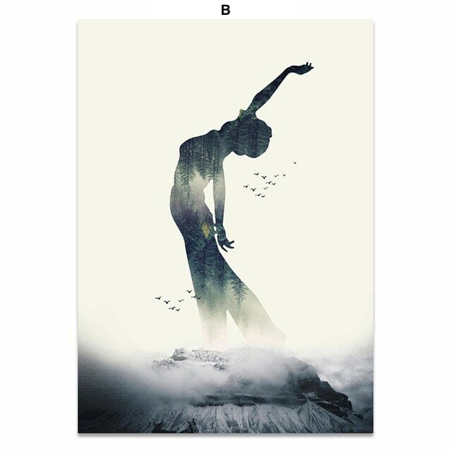 Schönes Yoga Poster, das eine Person in der elegant erhobenen Pose darstellt, mit einem atemberaubenden Naturmotiv im Hintergrund. Perfekte Deko für Yoga-Enthusiasten von justgoodmood.