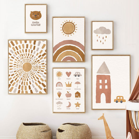 Poster Boho Kinderzimmer I Sonne I Autos I Hallo Welt I Turm als Deko Print ohne Rahmen