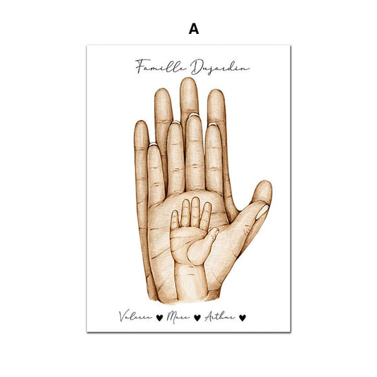 Einzigartiges Familienposter von justgoodmood mit Händen und Namen, stilvoll in sepia gehalten. Perfekte persönliche Wanddekoration.