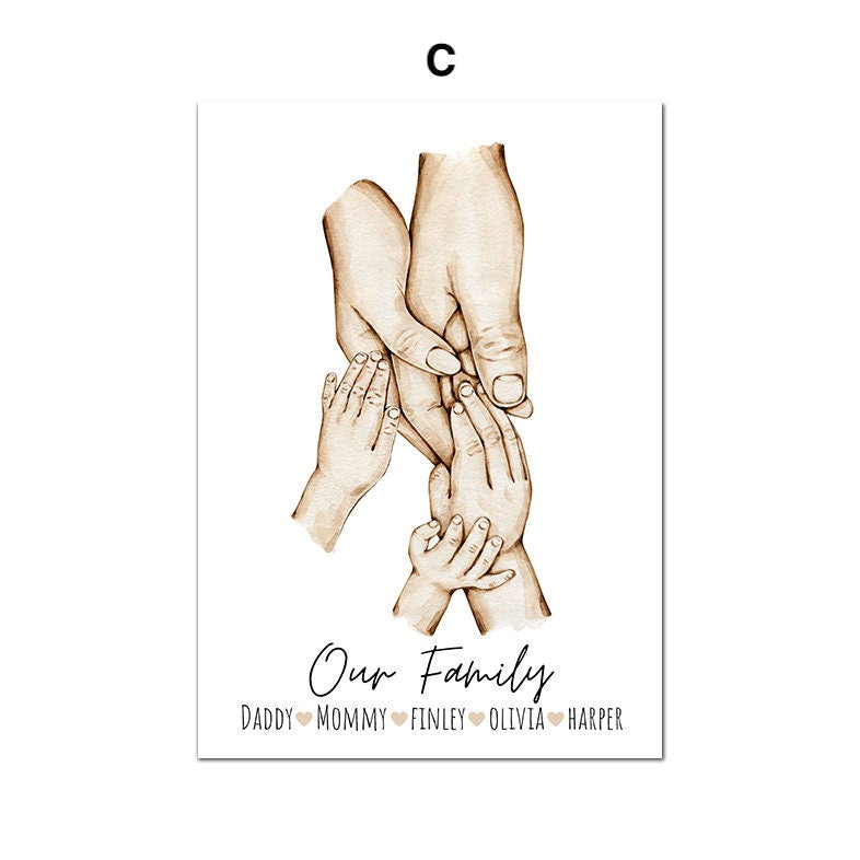 Vielfältige Hände stehen für Verbundenheit und Gemeinschaft. Stilvolles Deko Poster ohne Rahmen von justgoodmood, Titel: "Poster Familie Personalisiert Hände Namen".