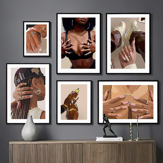 Stilvolles Set von Hip Hop Schmuck Mode Poster, die Schwarz Mädchen und trendige Handdetails zeigen, perfekt für das Wohnzimmer oder Schlafzimmer, von justgoodmood.