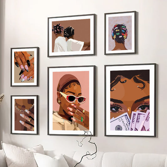 Wandbilder Set von justgoodmood im Hip Hop Schmuck Stil: Verschiedene Kunstwerke mit coolen Designs für das Wohnzimmer oder Schlafzimmer.