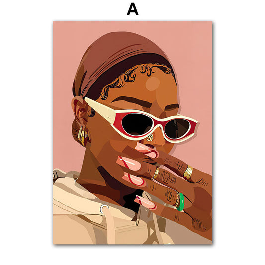 Stylisches Poster von justgoodmood im Hip Hop Schmuck Look: Eine Frau mit Sonnenbrille und glamourösen Fingernägeln, ideal für moderne Deko.