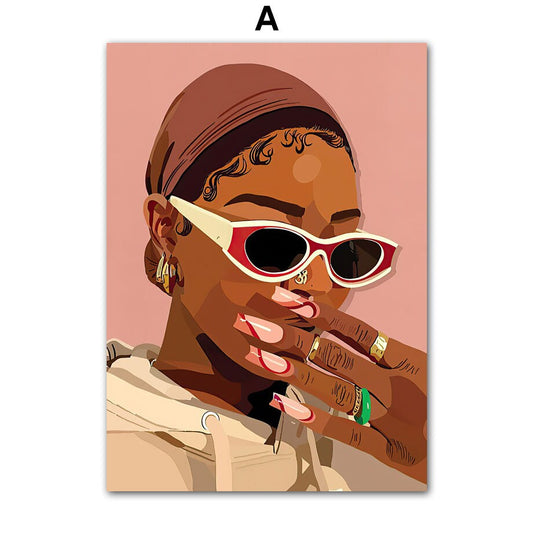 Stylisches Poster von justgoodmood aus der Hip Hop Schmuck Mode Serie, zeigt eine trendige Frau mit Sonnenbrille und modischen Ringen.