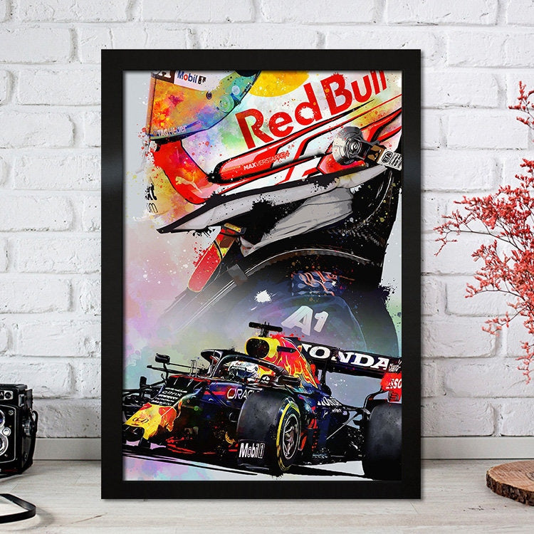 Künstlerisches Formel 1 Poster von Max Verstappen, das die Rennwagen-Ästhetik feiert, perfekt für Fans. Von justgoodmood.