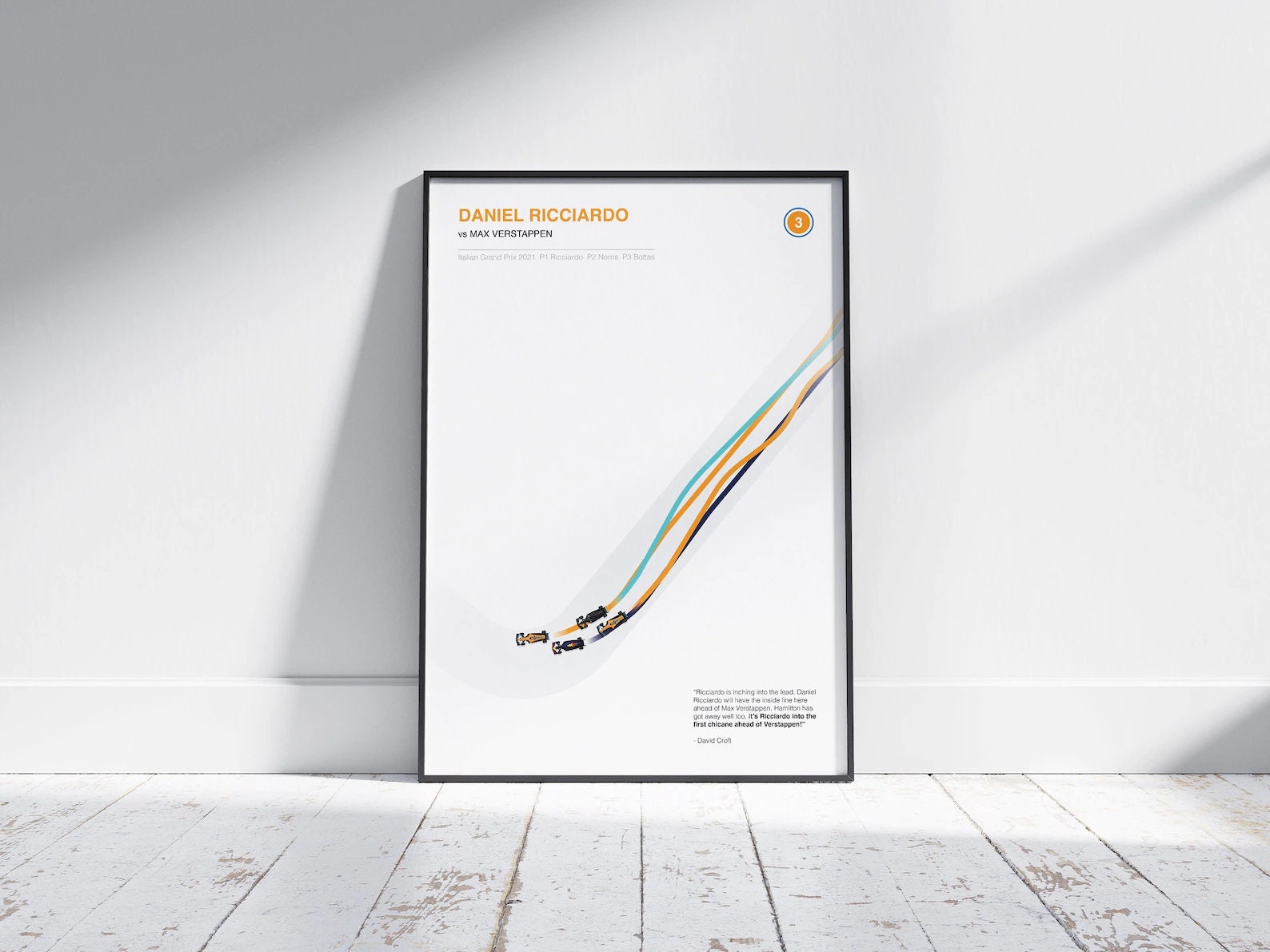 Einzigartiges Formel 1 Poster von justgoodmood - Daniel Ricciardo vs Max Verstappen, stellt dynamische Rennbahnen und Kurven dar, großartige Deko für Rennsport-Enthusiasten.