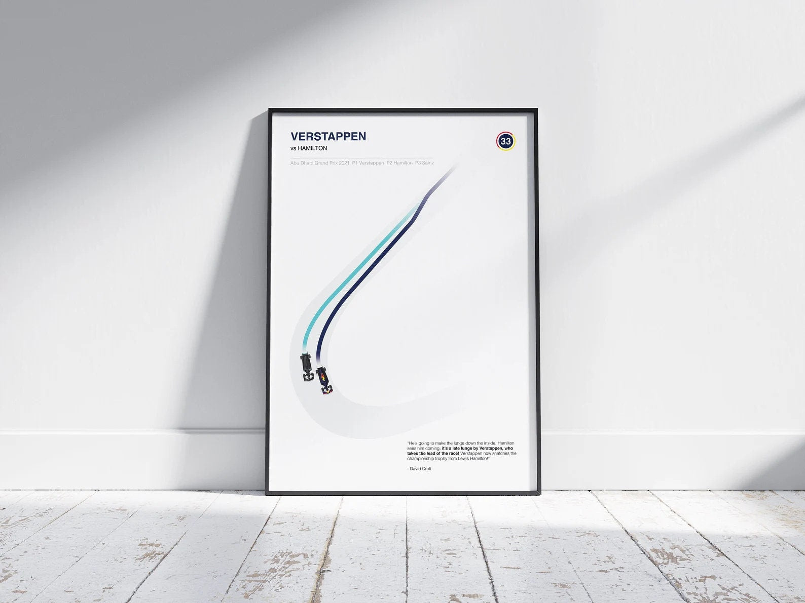 Modernes Formel 1 Poster mit Verstappen vs Hamilton von justgoodmood, das die Dynamik und Geschwindigkeit der Rennstrecke in minimalistischer Gestaltung präsentiert - perfekt für F1-Fans.