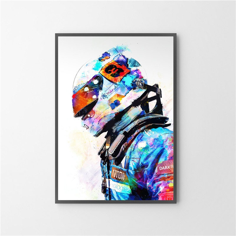 Faszinierendes und kreatives Poster eines Formel 1 Helm mit lebhaften Farben, perfekt für Motorsport-Fans – Deko-Print ohne Rahmen von JustGoodMood.
