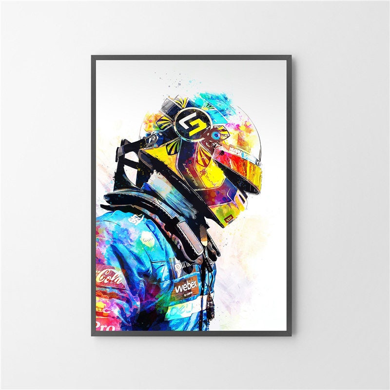 Stilvolles Poster eines Formel 1 Rennfahrer Helms, das Action und Geschwindigkeit vereint – Deko-Print ohne Rahmen von JustGoodMood.