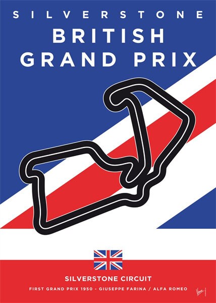 Poster Formel 1 Rennstrecke Silverstone Grand Prix, kreiert von justgoodmood, zeigt die berühmte britische Rennstrecke mit nationalen Farben.