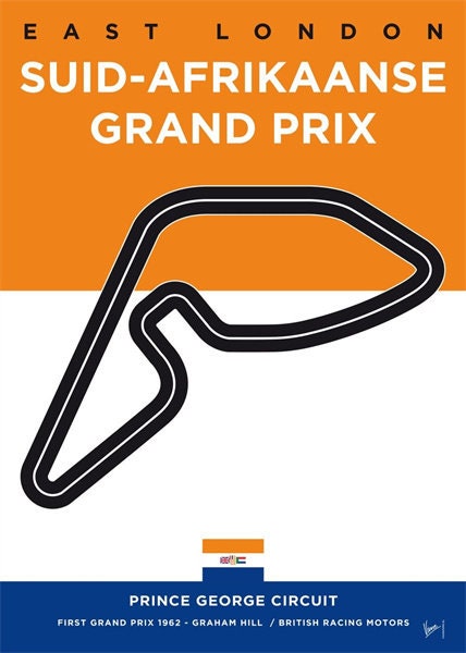 East London Suid-Afrikaanse Grand Prix Poster, illustriert die berühmte Rennstrecke in auffälligen Farben. Hochwertiger Deko-Print von justgoodmood.