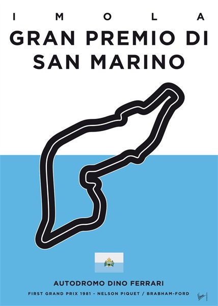 Imola Gran Premio di San Marino Poster, zeigt die Rennstrecke in einem ansprechenden Design. Ein Muss für Rennsport-Enthusiasten, von justgoodmood.