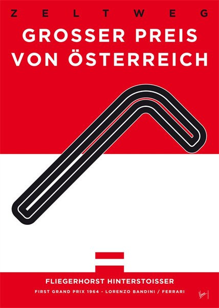 Poster Formel 1 Rennstrecke Großer Preis von Österreich, erstellt von justgoodmood, präsentiert die markante Rennstrecke mit österreichischen Flaggenfarben.