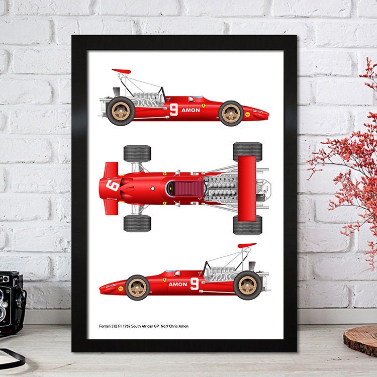 Poster Formel 1 Rennfahrer Legenden Rennwagen von justgoodmood - Detaillierte Illustration des Ferrari 312 F1 aus den 1969 South African GP, perfekt für Motorsport-Liebhaber.