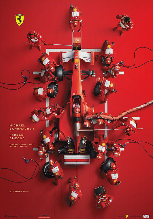Poster Formel 1 Michael Schumacher mit Ferrari F1-2000, das aufregende Rennen in Suzuka zeigt, erhältlich bei justgoodmood als Deko-Print.