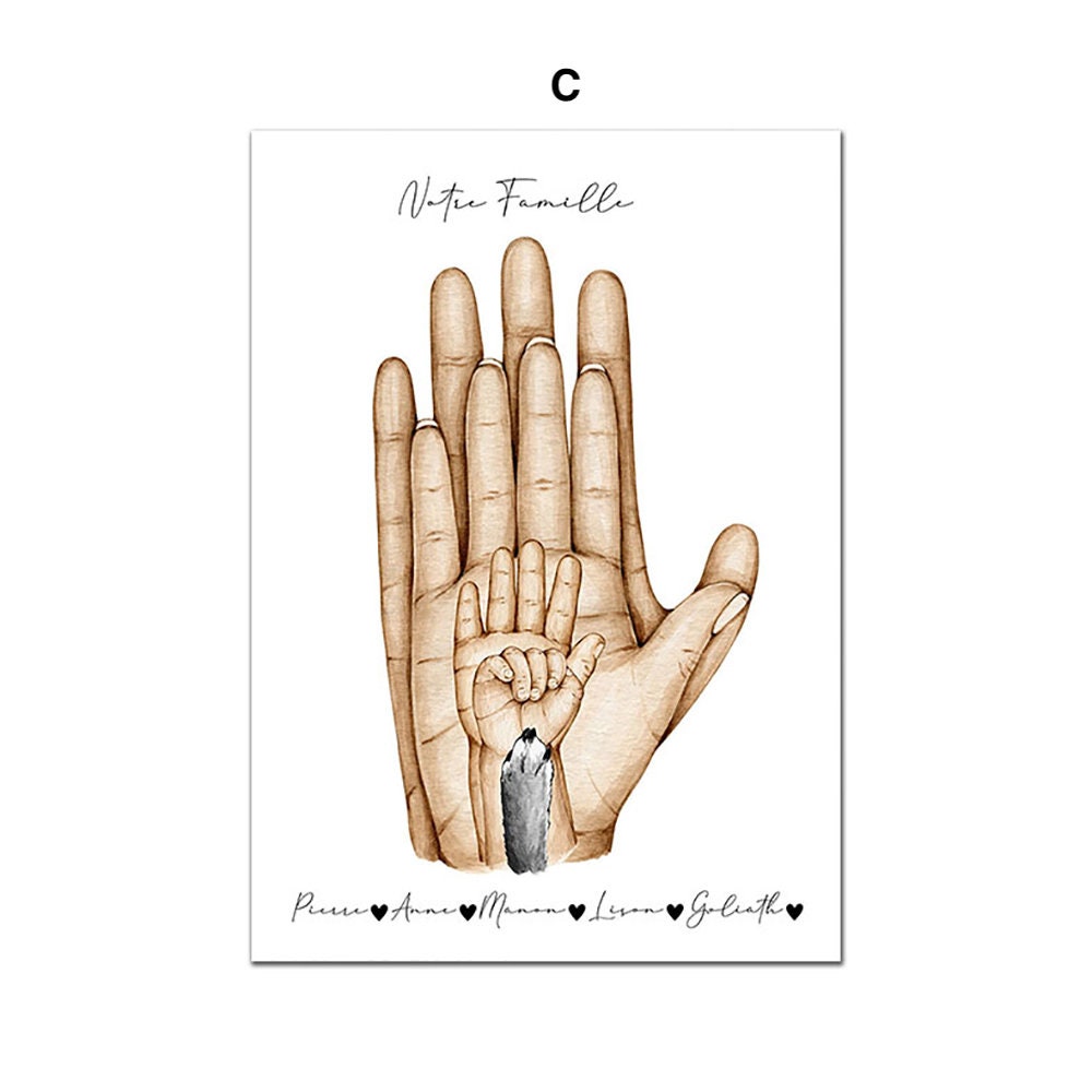 Einzigartiges Familienposter von justgoodmood, das eine kreative Darstellung von Händen in einem warmen Design präsentiert, perfekt für personalisierte Deko und Geschenke.
