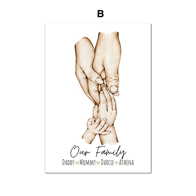 Hände verschiedener Größen symbolisieren familiären Zusammenhalt. Personalisierbares Familienplakat von justgoodmood mit dem Titel "Poster Familie Personalisiert Hände Namen".