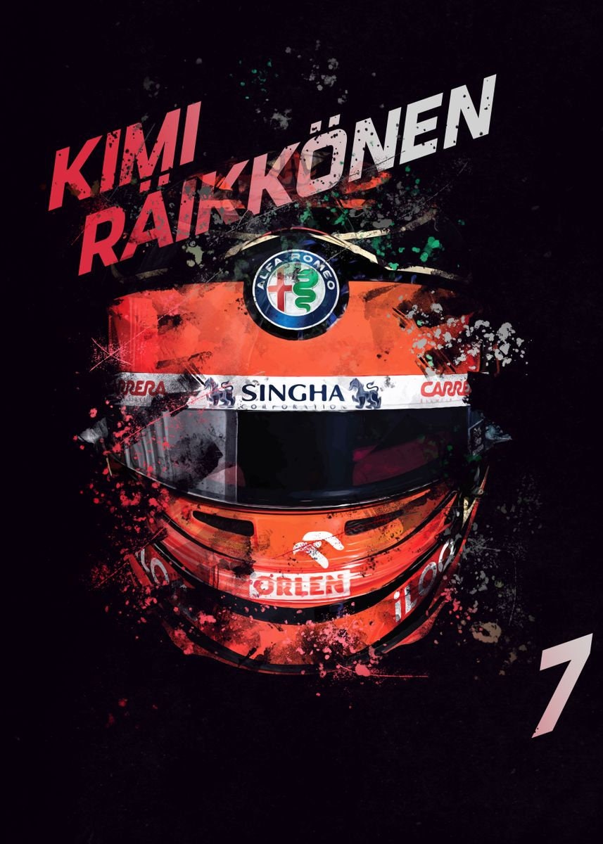 Kunstvolles Formel 1 Poster mit Kimi Räikkönen und seiner Fahrernummer 7. Ein stylisches Deko-Element für jedes Zuhause, angeboten von justgoodmood.