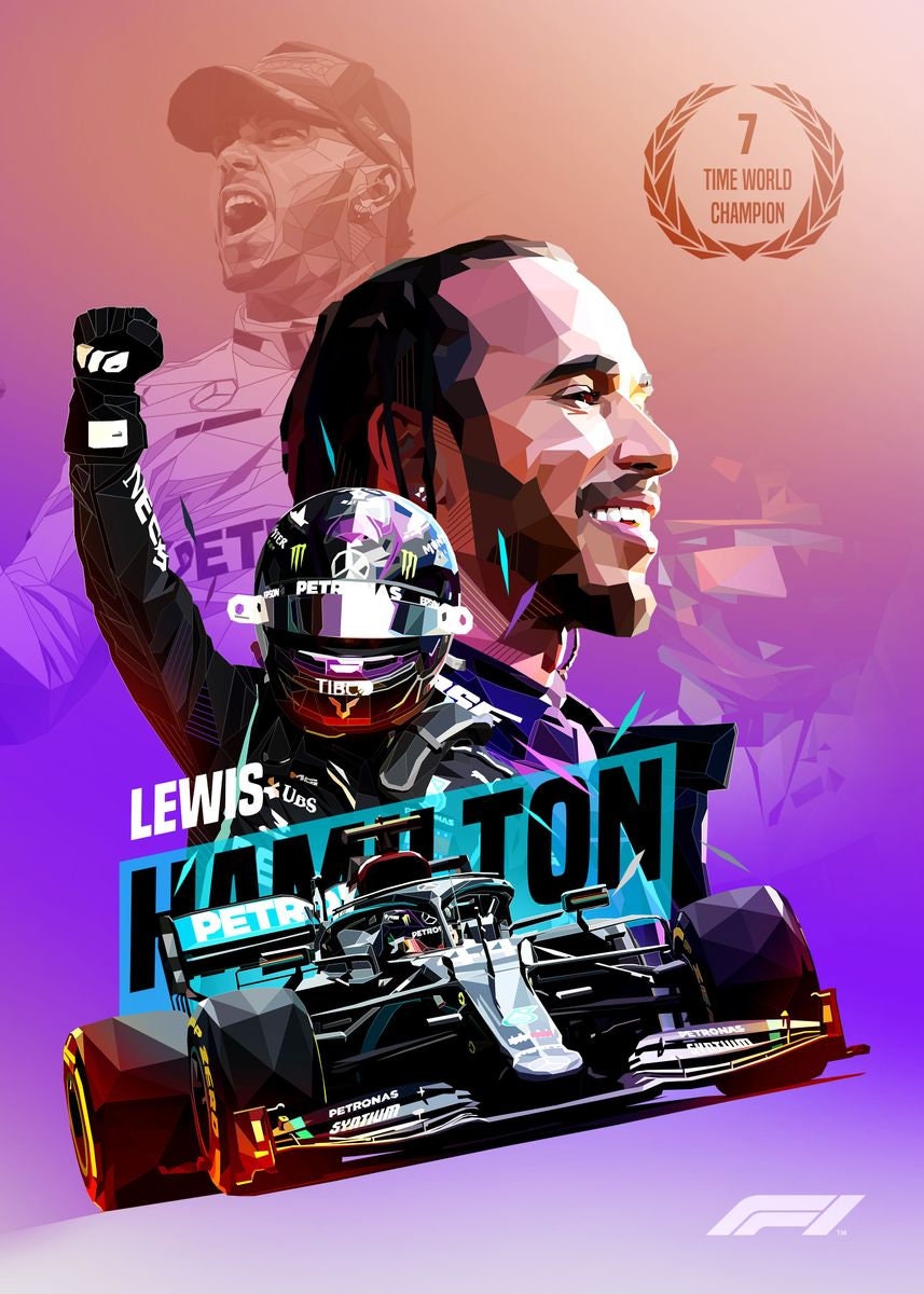 Stylisches Kunstwerk von Lewis Hamilton als Formel 1 Champion, umgeben von Rennfahrzeug-Elementen und einer goldenen Auszeichnung. Poster Formel 1 Rennfahrer Rennwagen Lewis Hamilton I Deko Print ohne Rahmen von justgoodmood.