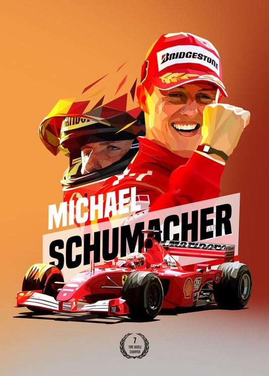 Farbenfrohes Poster von Michael Schumacher, dem legendären Formel 1 Rennfahrer, lächelnd und mit einer Siegergeste. Das beeindruckende Kunstwerk, entworfen von justgoodmood, bringt den Spirit des Motorsports in Ihr Zuhause. Poster Formel 1 Rennfahrer Rennwagen Michael Schumacher Legende Champion I Deko Print ohne Rahmen.