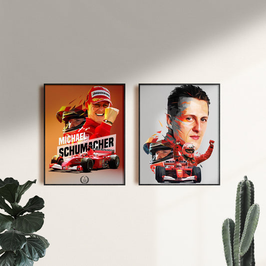 Farbenfrohes Poster von Michael Schumacher, dem legendären Formel 1 Rennfahrer mit einem Rennwagen, präsentiert von justgoodmood. Ideal für Motorsportfans als dekorativer Akzent.