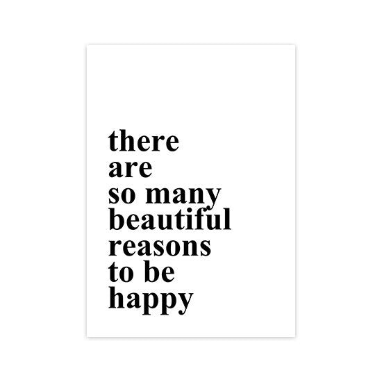 Positives Wandbild 'Abstrakt Schwarz Beige' von justgoodmood, mit dem Text 'there are so many beautiful reasons to be happy' auf elegantem weißen Hintergrund.