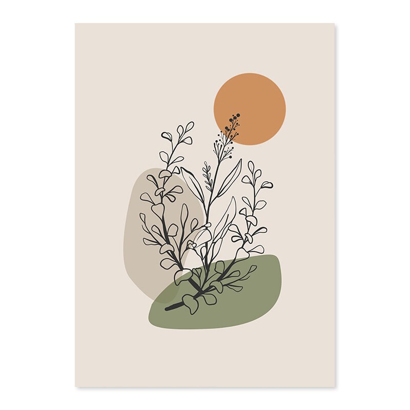 Ein charmantes Boho-Poster mit Pflanzenmotiven und einem sonnigen Akzent in sanften Farben, ideal für jedes Zuhause. Deko Print von justgoodmood, Poster Blätter Boho Geometrische Formen Grün.